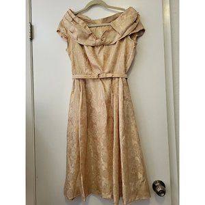 Vintage 1950's Satin Brocade Fit and Flare Rockabilly Dress Champagne Small